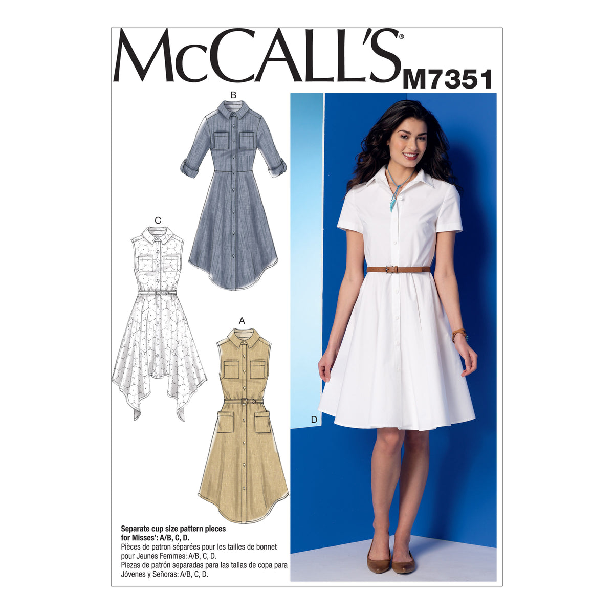 McCall's M7351 sewing pattern envelope showing dresses with a pointed collar