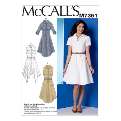McCall's M7351 sewing pattern envelope showing dresses with a pointed collar