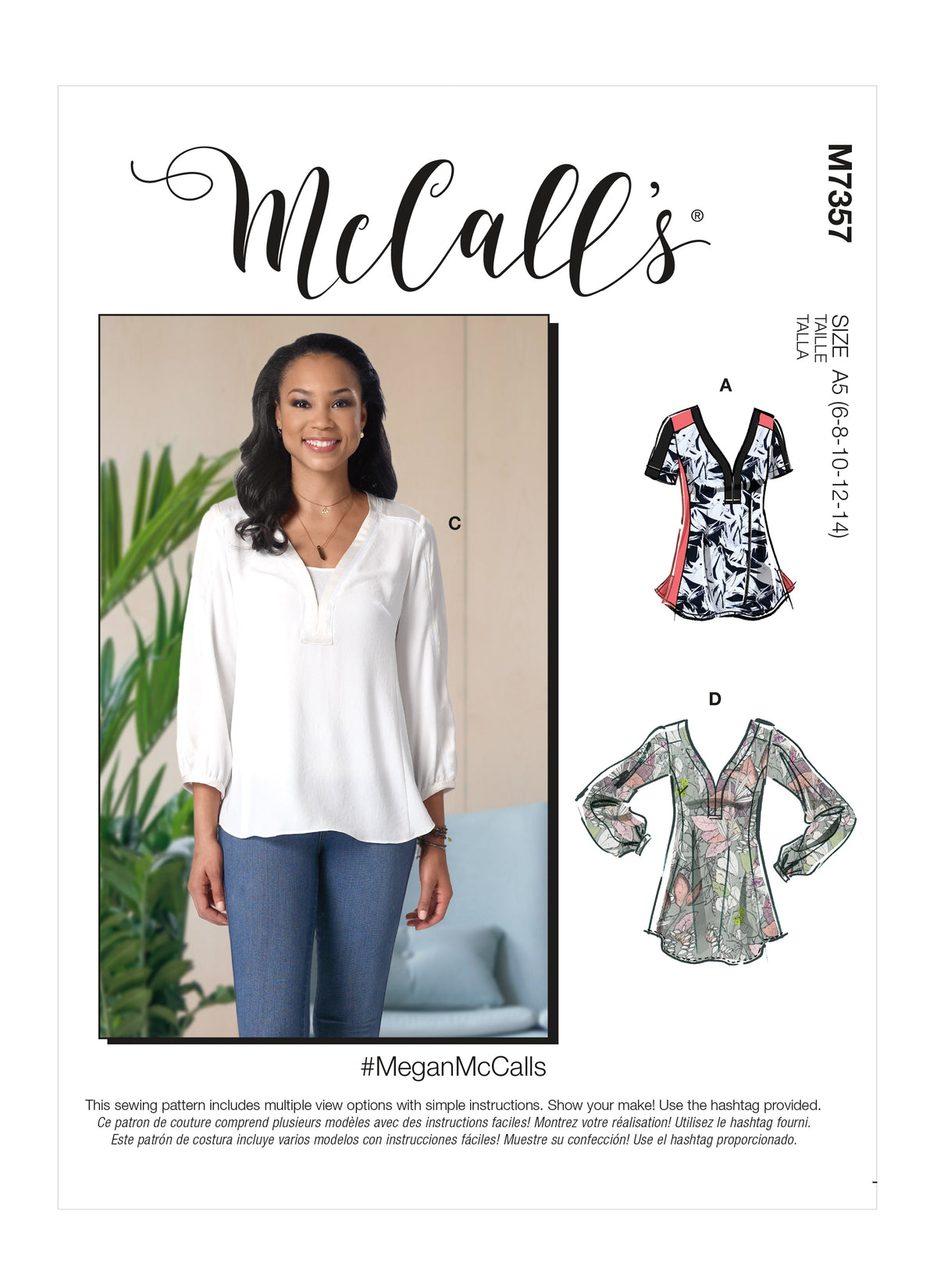 McCall's M7357 sewing pattern envelope showing loose-fitting pullover tops