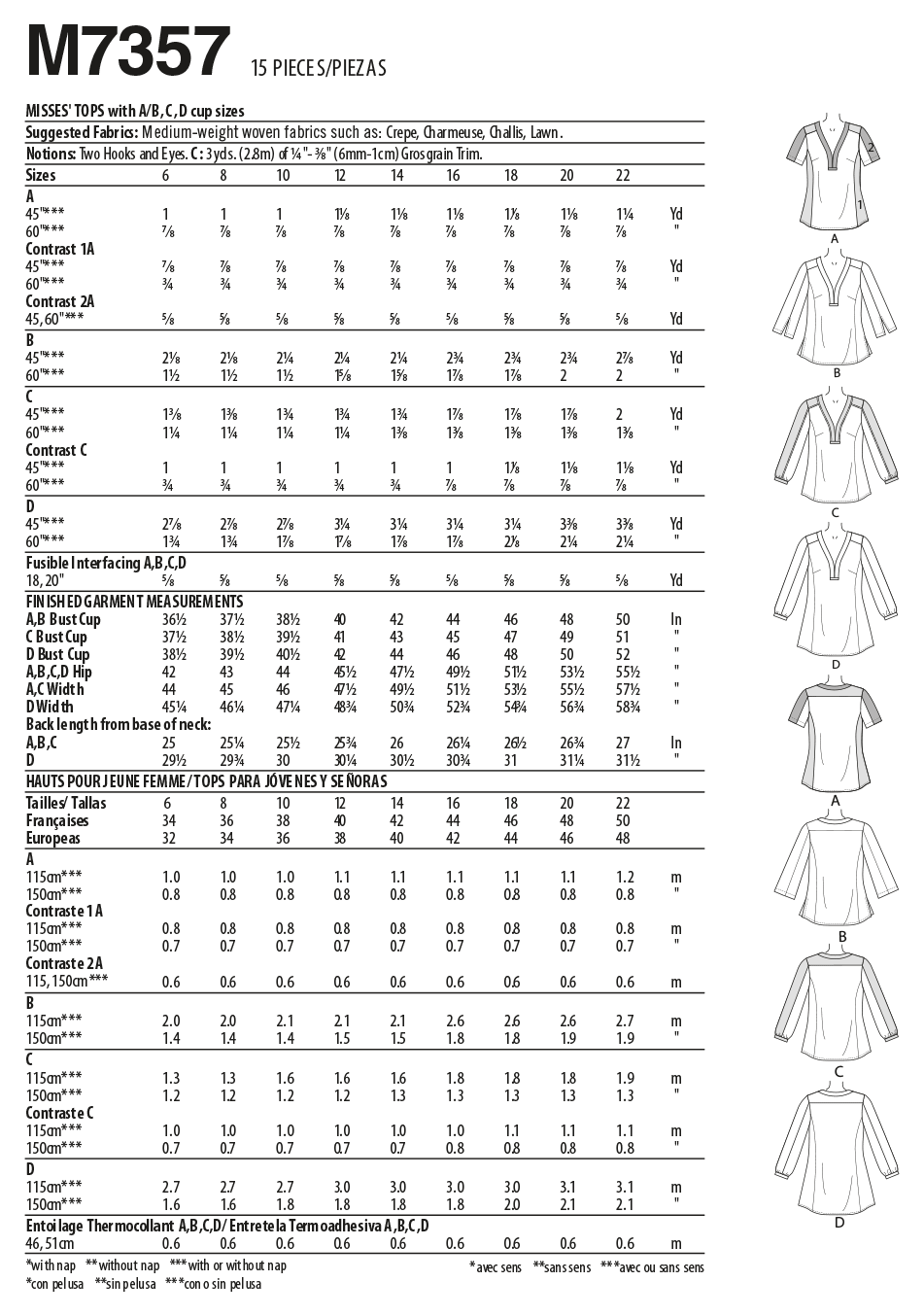 McCall's M7357 sewing pattern envelope showing loose-fitting pullover tops