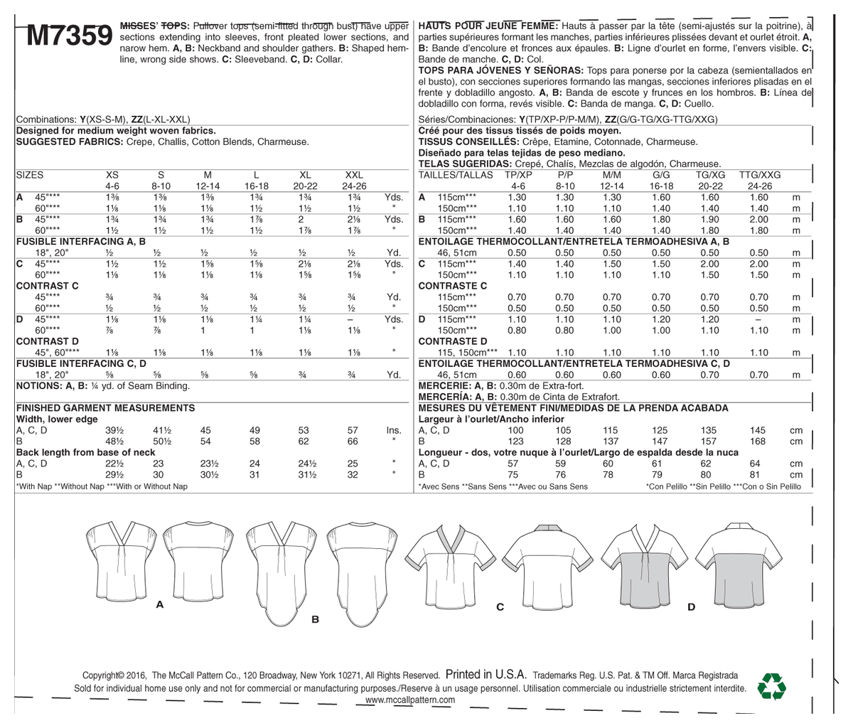 McCall's M7359 sewing pattern envelope showing pullover tops