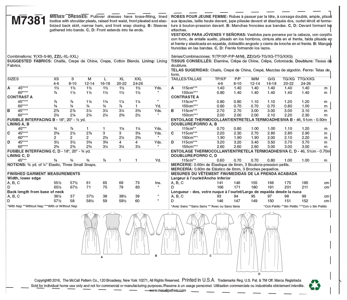 McCall's M7381 sewing pattern envelope showing pullover dresses