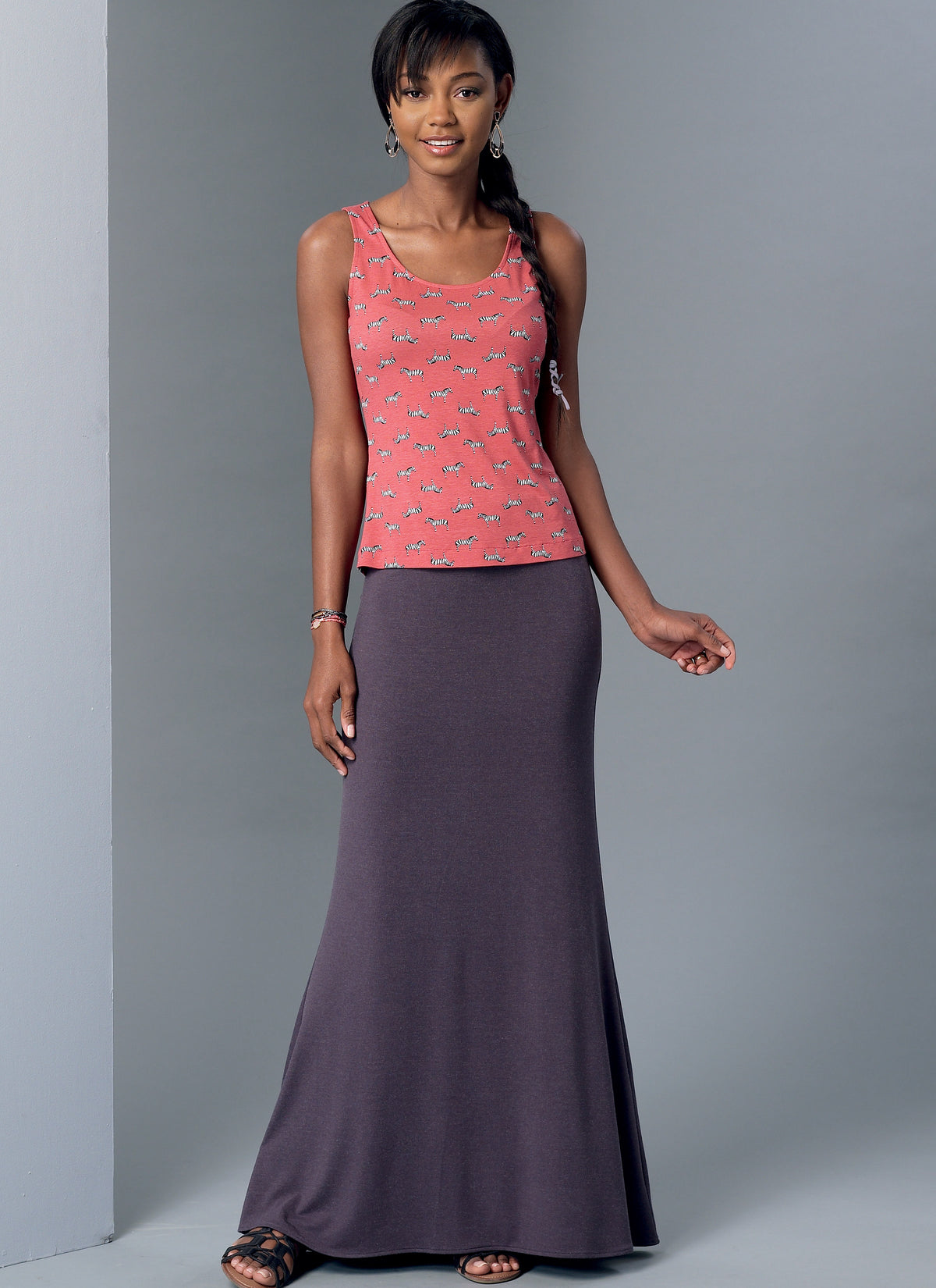 McCall's M7386 sewing pattern envelope showing a pullover top, dresses and pull-on skirts