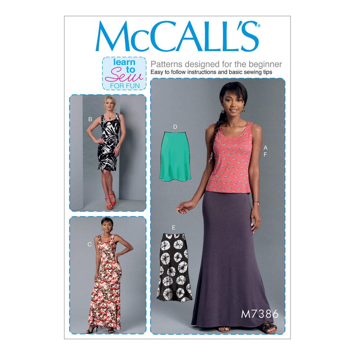 McCall's M7386 sewing pattern envelope showing a pullover top, dresses and pull-on skirts