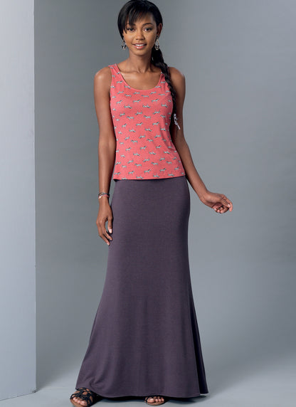 McCall's M7386 sewing pattern envelope showing a pullover top, dresses and pull-on skirts
