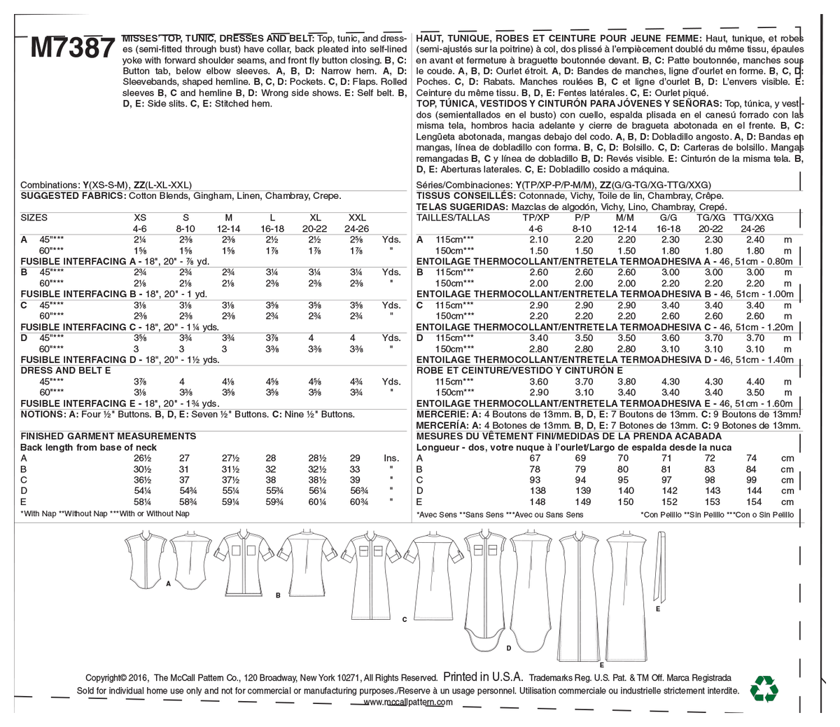 McCall's M7387 sewing pattern envelope showing a top, tunic and dresses