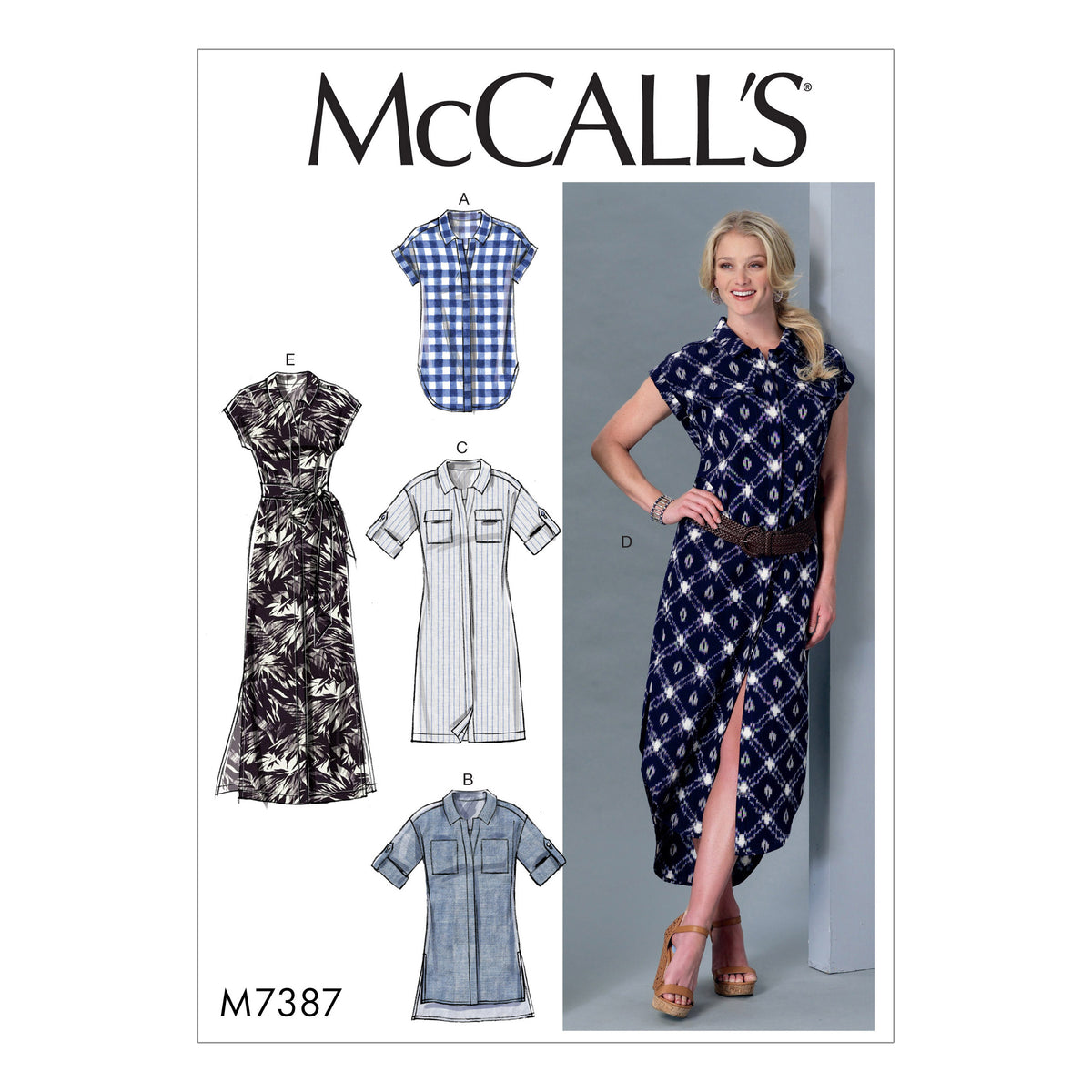 McCall's M7387 sewing pattern envelope showing a top, tunic and dresses