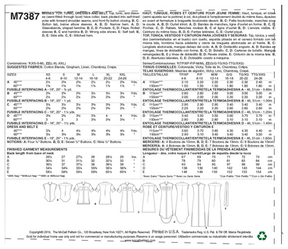 McCall's M7387 sewing pattern envelope showing a top, tunic and dresses