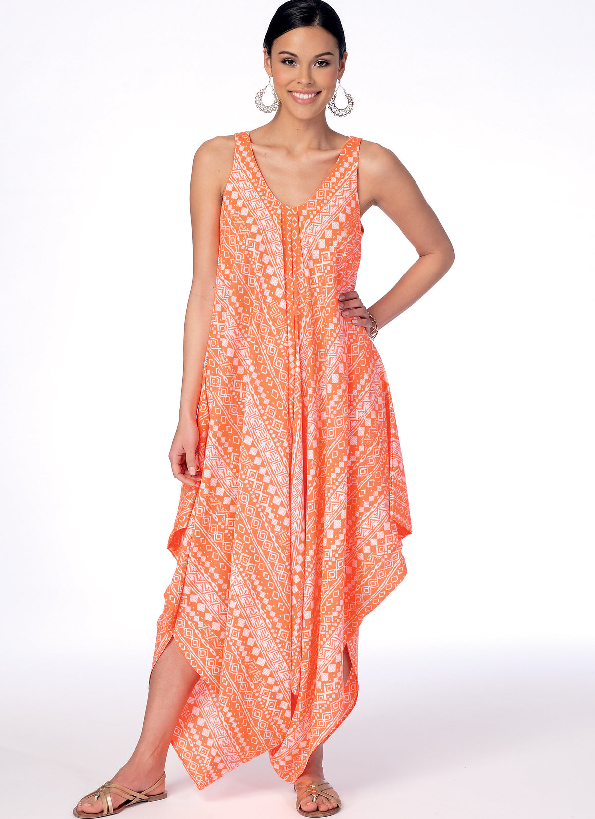 McCall's M7402 sewing pattern envelope showing sleeveless pullover dresses and a pull-on jumpsuit