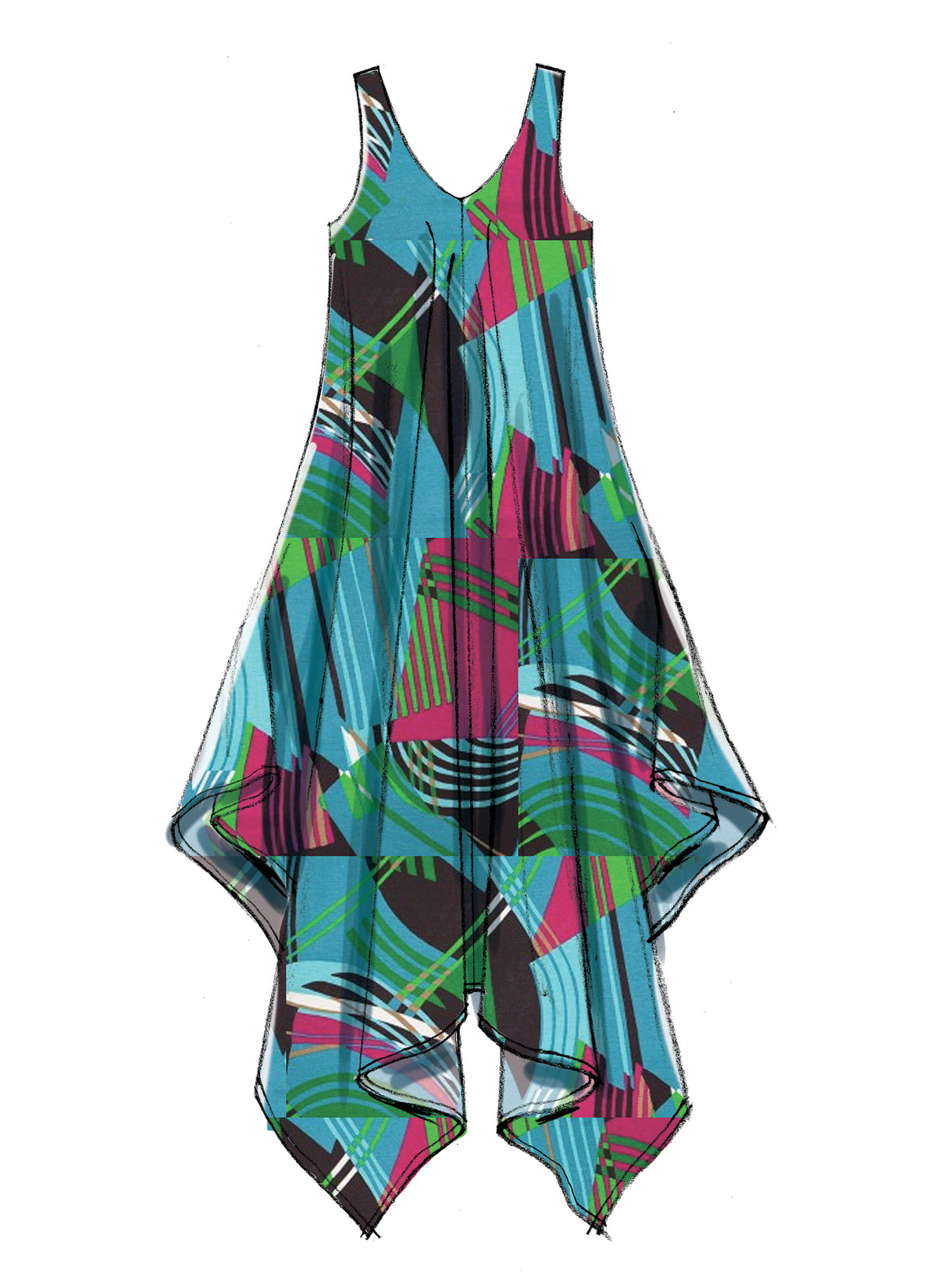 McCall's M7402 sewing pattern envelope showing sleeveless pullover dresses and a pull-on jumpsuit