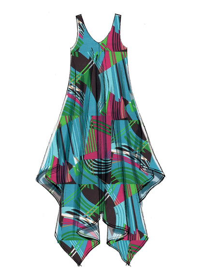 McCall's M7402 sewing pattern envelope showing sleeveless pullover dresses and a pull-on jumpsuit