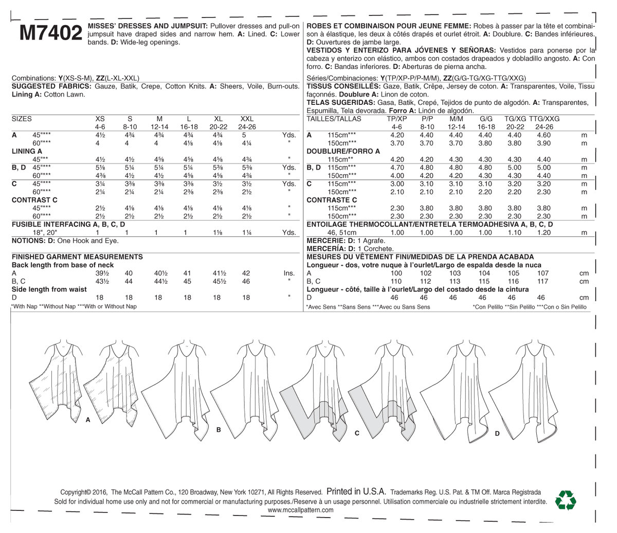 McCall's M7402 sewing pattern envelope showing sleeveless pullover dresses and a pull-on jumpsuit