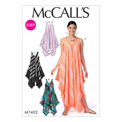 McCall's M7402 sewing pattern envelope showing sleeveless pullover dresses and a pull-on jumpsuit