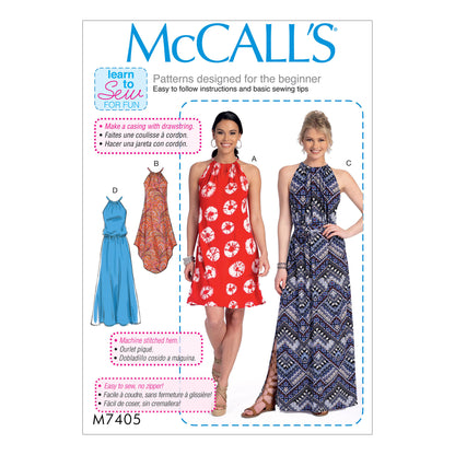 McCall's M7405 sewing pattern envelope showing loose-fitting, sleeveless pullover dresses