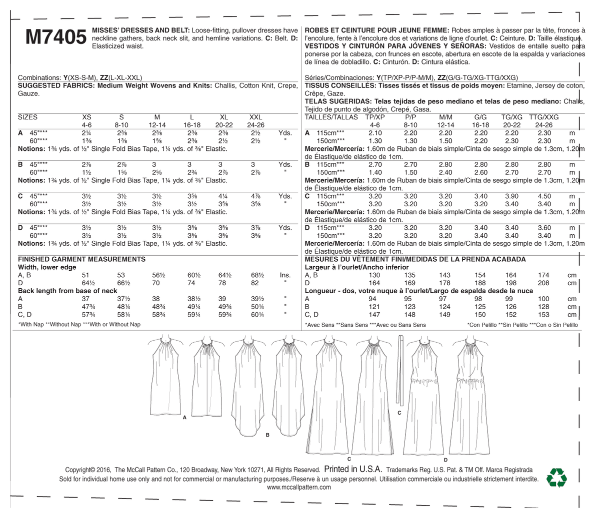 McCall's M7405 sewing pattern envelope showing loose-fitting, sleeveless pullover dresses