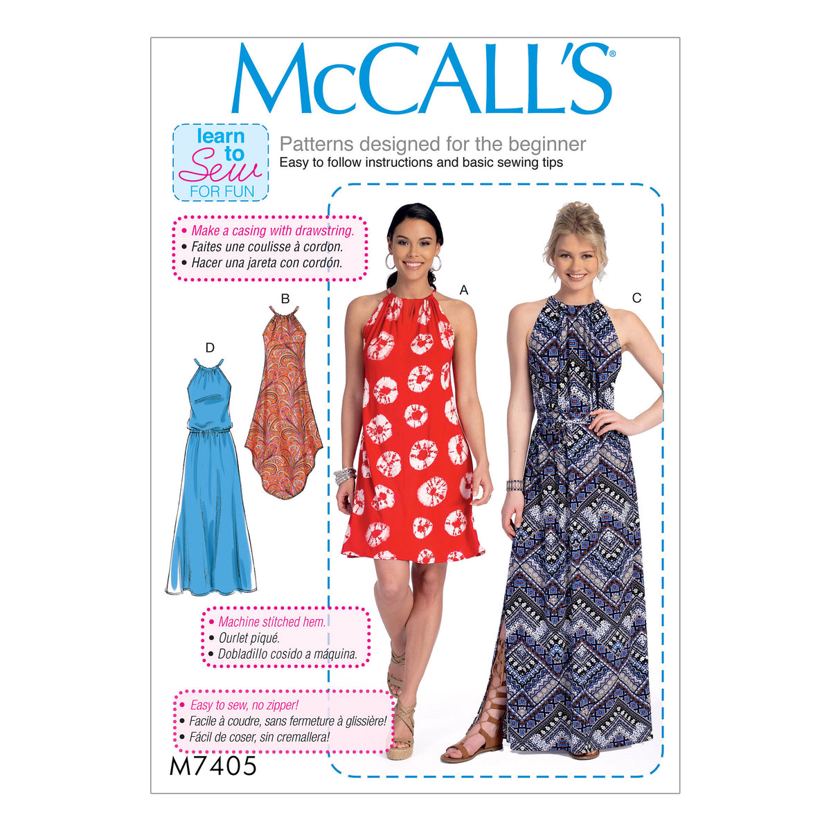 McCall's M7405 sewing pattern envelope showing loose-fitting, sleeveless pullover dresses