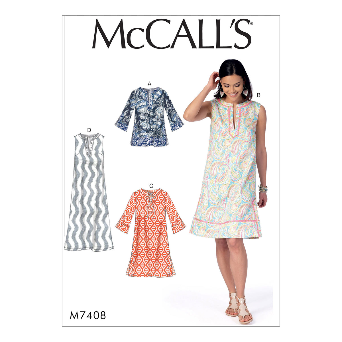 McCall's M7408 sewing pattern envelope showing a semi-fitted A-line tunic and dress