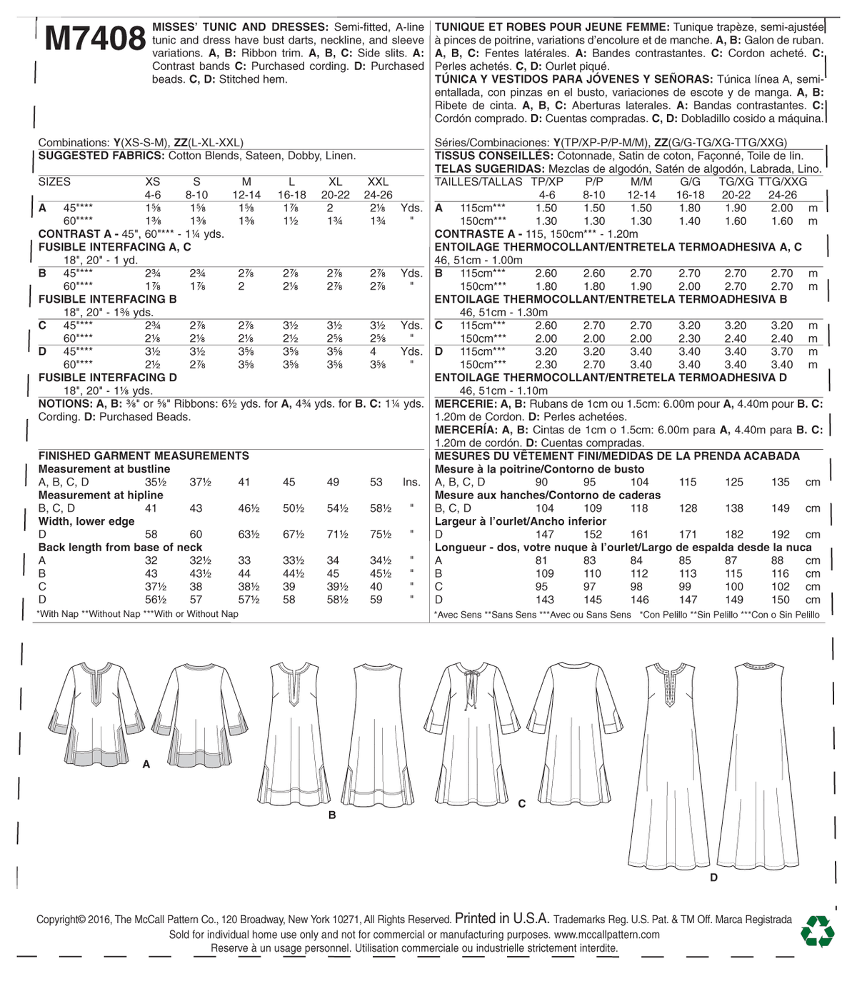 McCall's M7408 sewing pattern envelope showing a semi-fitted A-line tunic and dress