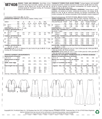 McCall's M7408 sewing pattern envelope showing a semi-fitted A-line tunic and dress