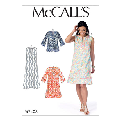 McCall's M7408 sewing pattern envelope showing a semi-fitted A-line tunic and dress