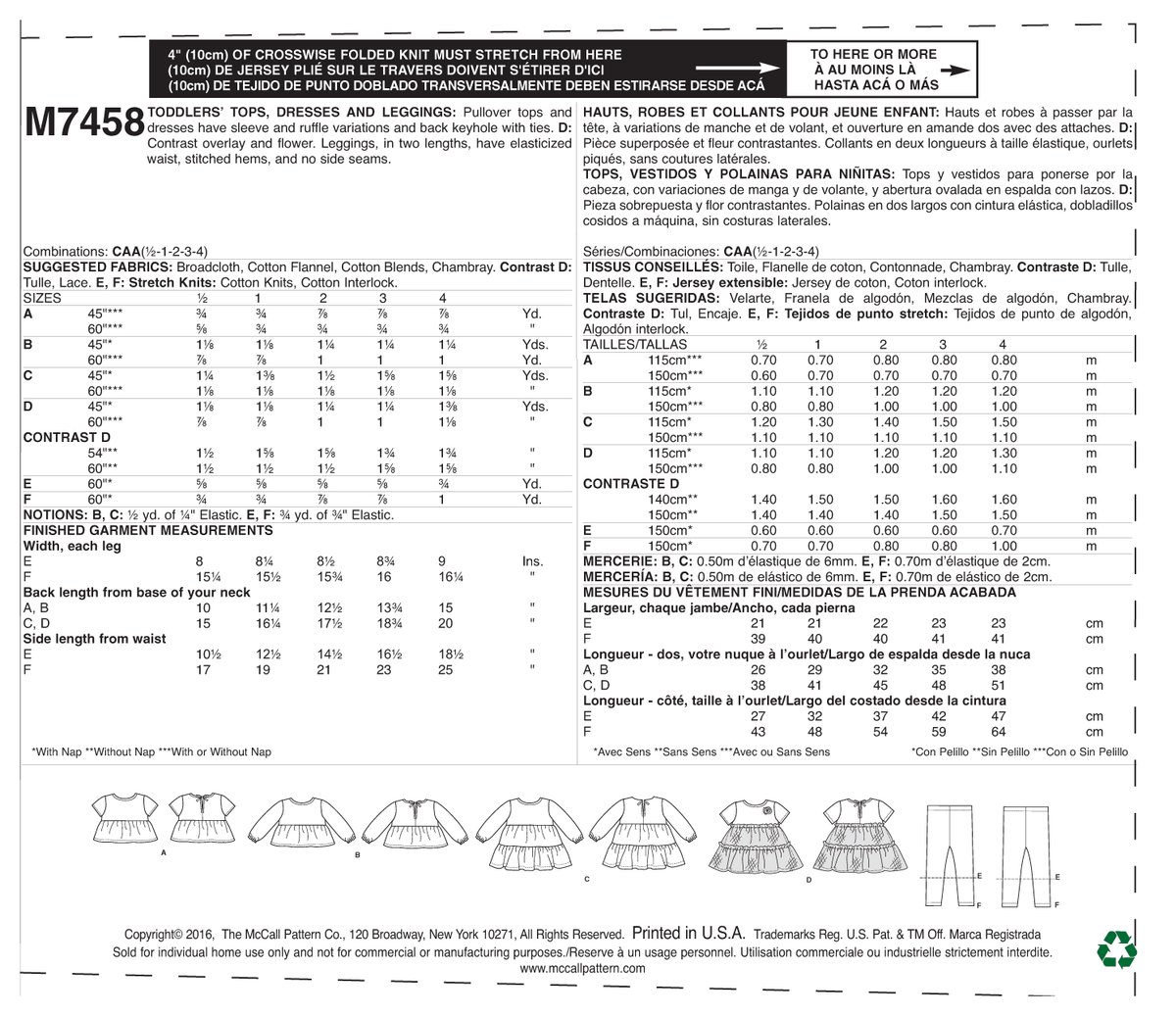 McCall's M7458 sewing pattern envelope showing pullover tops and dresses