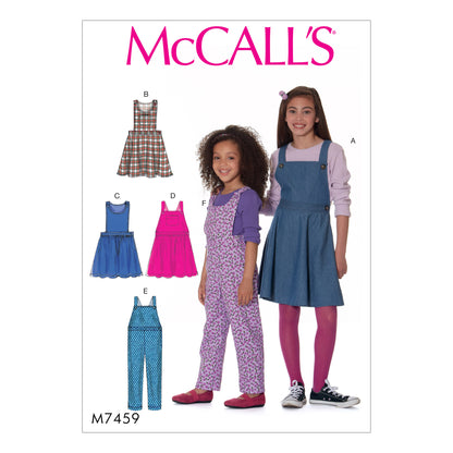 McCall's M7459 sewing pattern envelope showing pinafores and dungarees