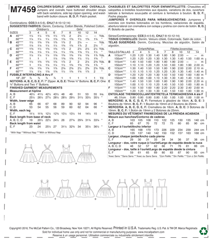 McCall's M7459 sewing pattern envelope showing pinafores and dungarees