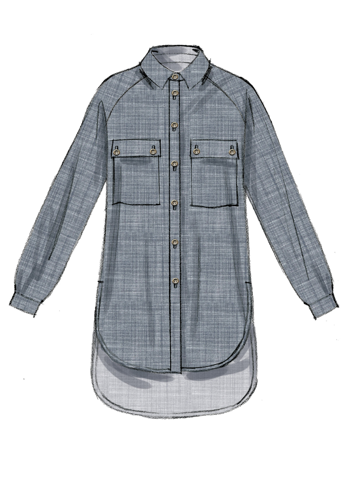 McCall's M7472 sewing pattern envelope showing loose-fitting button-front shirts and tunics