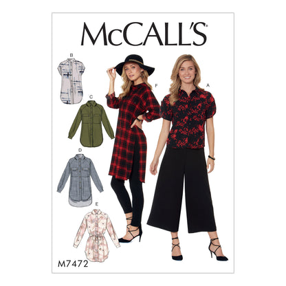 McCall's M7472 sewing pattern envelope showing loose-fitting button-front shirts and tunics