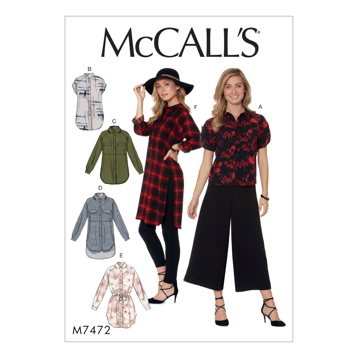 McCall's M7472 sewing pattern envelope showing loose-fitting button-front shirts and tunics