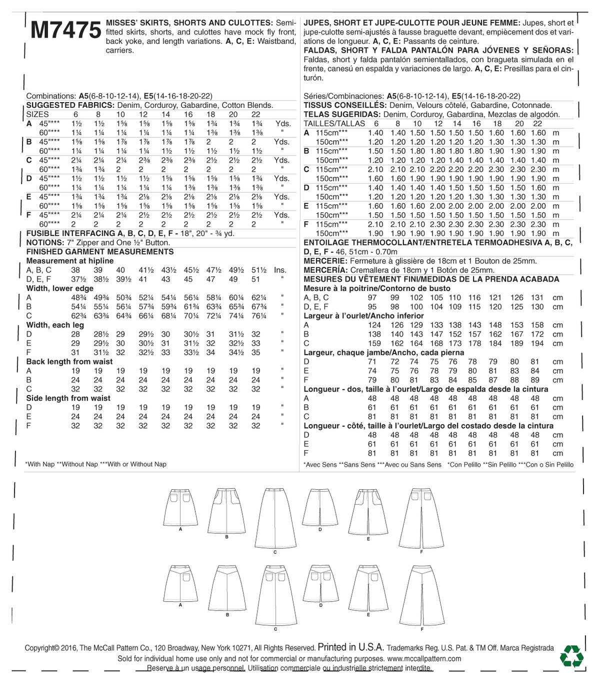 McCall's M7475 sewing pattern envelope showing semi-fitted skirts, shorts and culottes