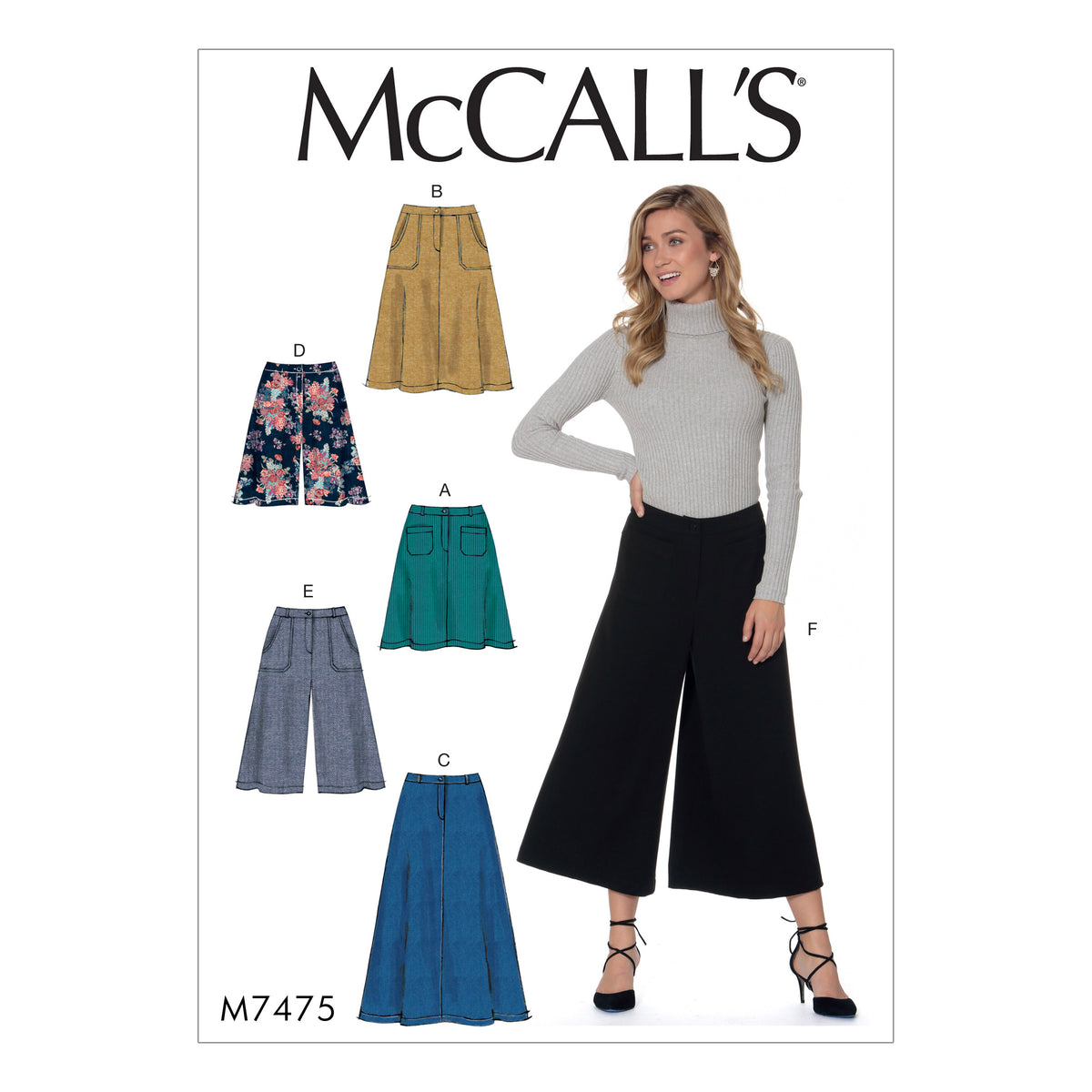 McCall's M7475 sewing pattern envelope showing semi-fitted skirts, shorts and culottes
