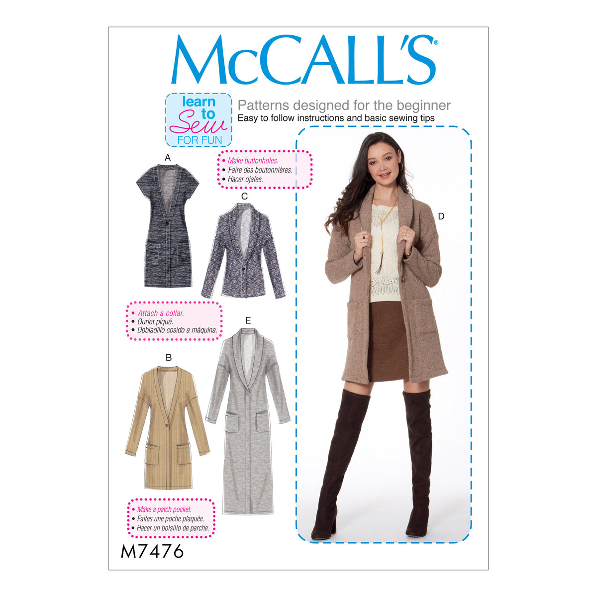 McCall's M7476 sewing pattern envelope showing a semi-fitted waistcoat and cardigans