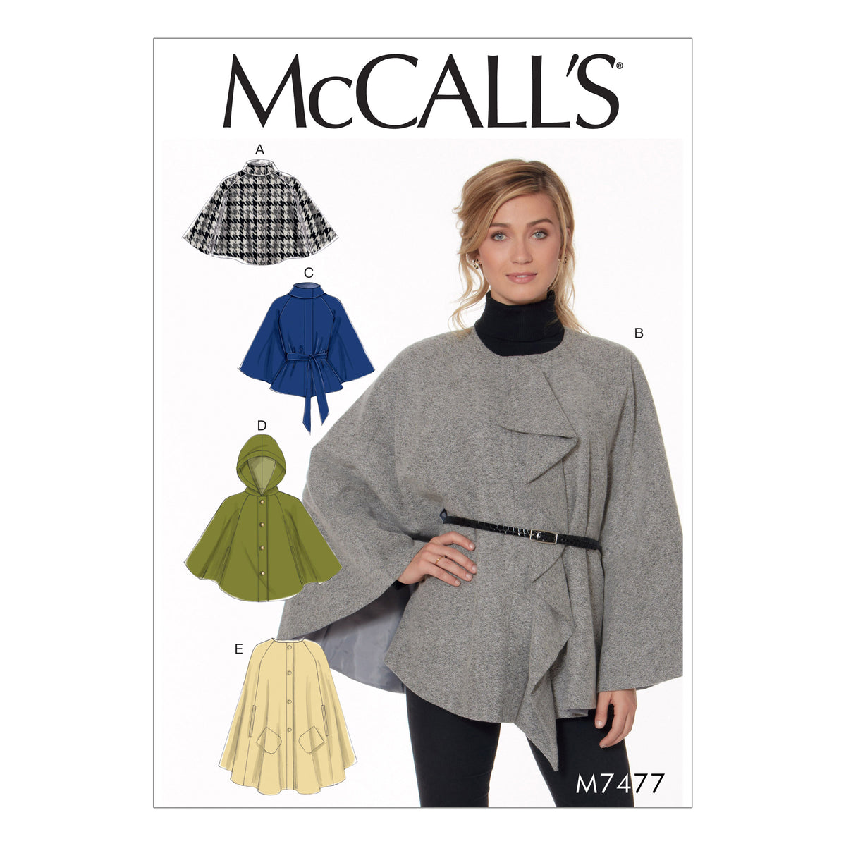 McCall's M7477 sewing pattern envelope showing lined cape designs