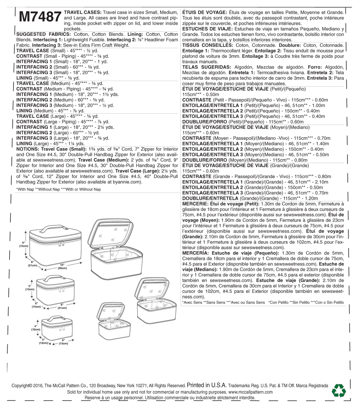 McCall's M7487 sewing pattern envelope showing travel case designs