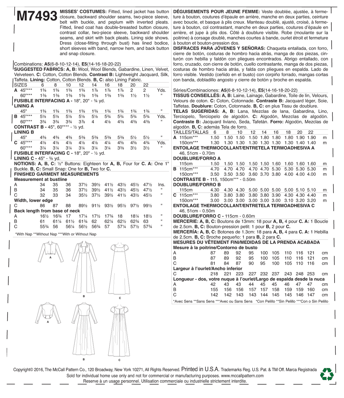McCall's M7493 sewing pattern envelope showing fitted costume jacket designs