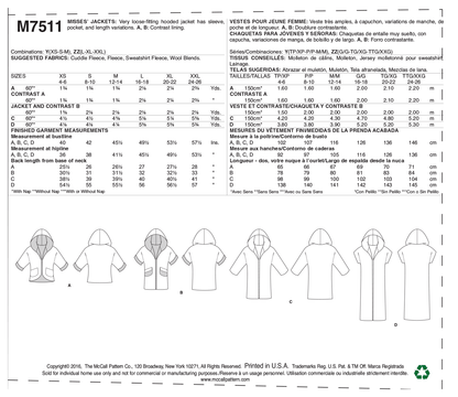 McCall's M7511 sewing pattern envelope showing hooded jacket designs