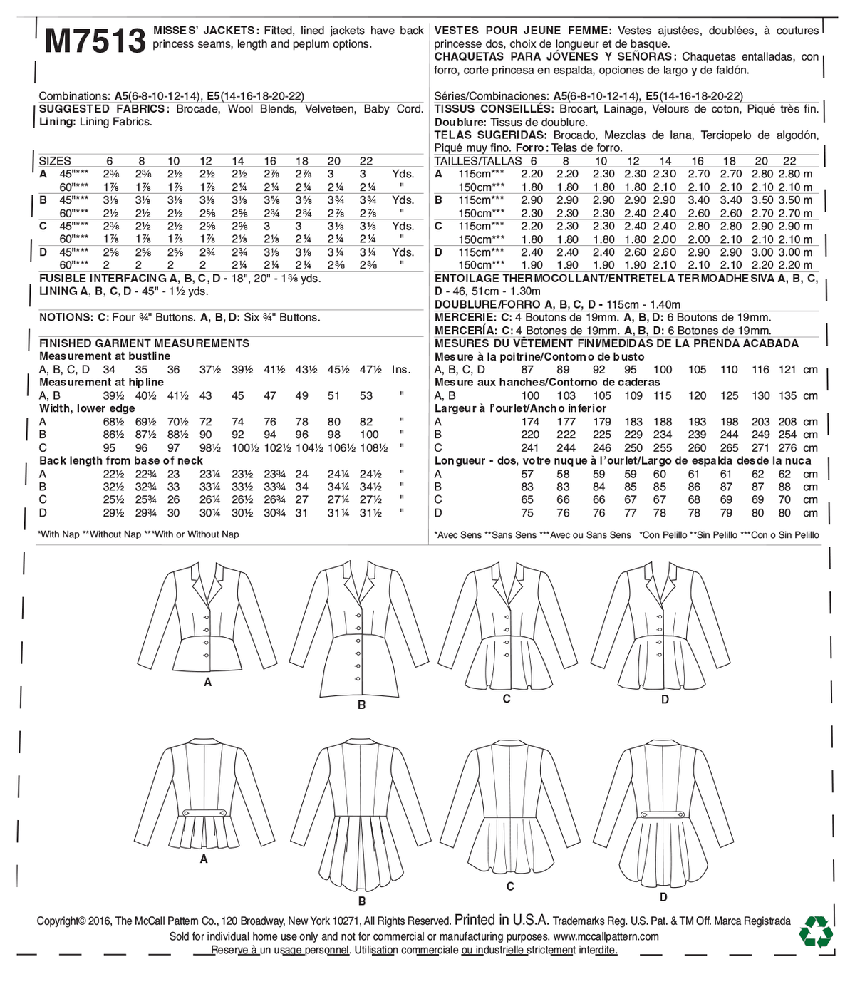 McCall's M7513 sewing pattern envelope showing fitted lined jacket designs