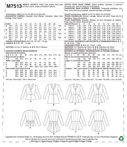 McCall's M7513 sewing pattern envelope showing fitted lined jacket designs