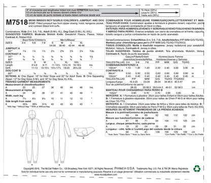 McCall's M7518 sewing pattern envelope showing jumpsuit and dog coat designs