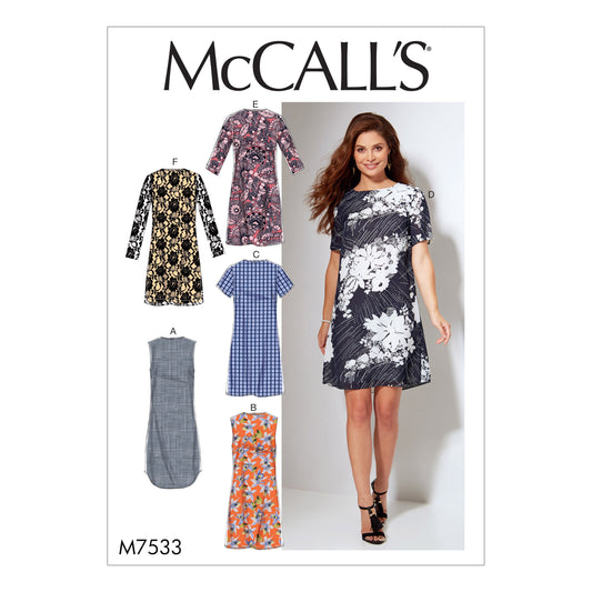 McCall's M7533 sewing pattern envelope showing fitted dress designs