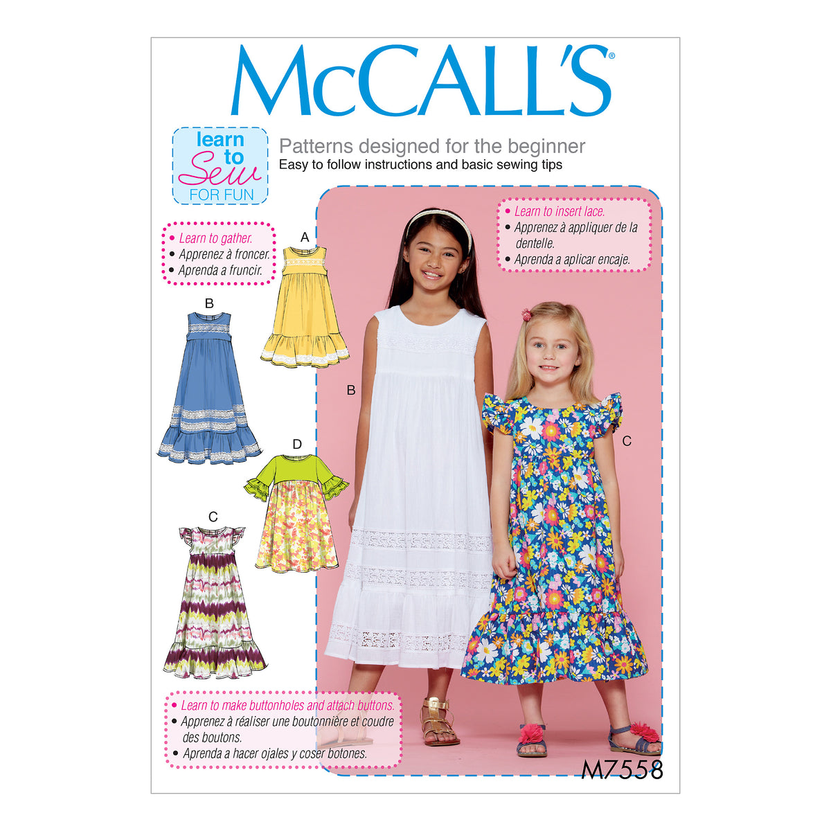 McCall's M7558 sewing pattern envelope showing dress designs