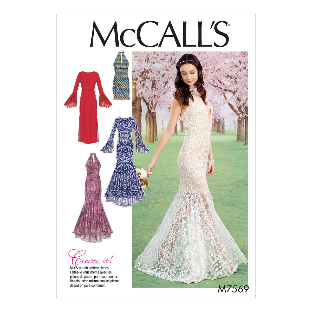 McCall's M7569 sewing pattern envelope showing special occasion dress designs