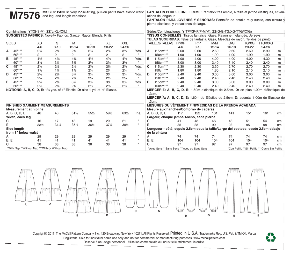 McCall's M7576 sewing pattern envelope showing pull-on trousers designs