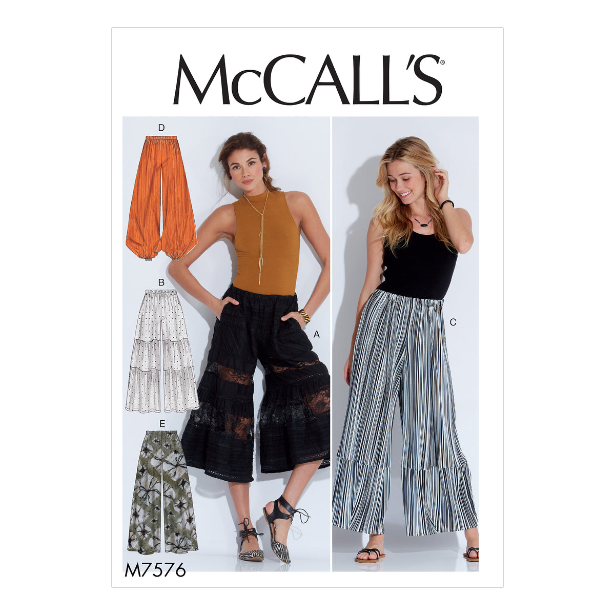 McCall's M7576 sewing pattern envelope showing pull-on trousers designs