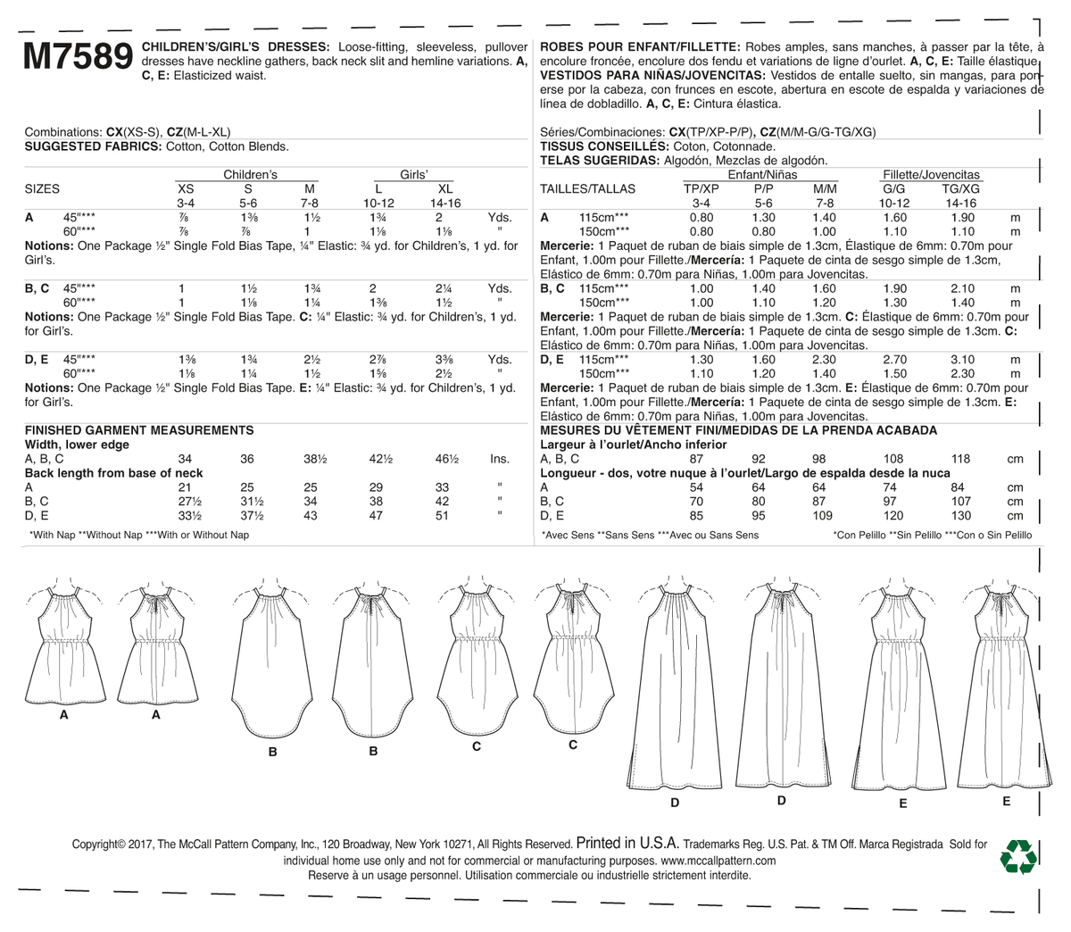 McCall's M7589 sewing pattern envelope showing sleeveless pullover dress designs