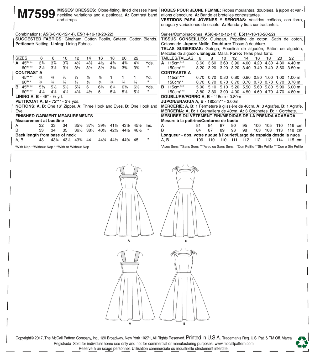 McCall's M7599 sewing pattern envelope showing lined dress and petticoat designs