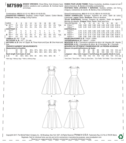 McCall's M7599 sewing pattern envelope showing lined dress and petticoat designs