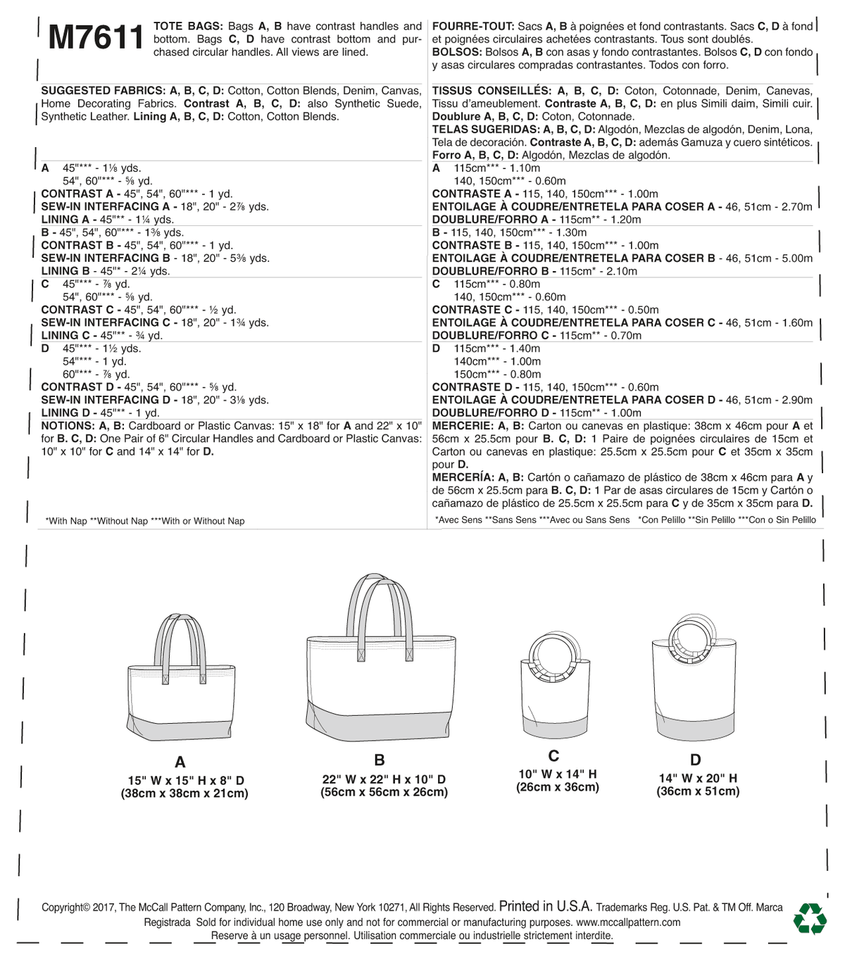 McCall's M7611 sewing pattern envelope showing bag designs