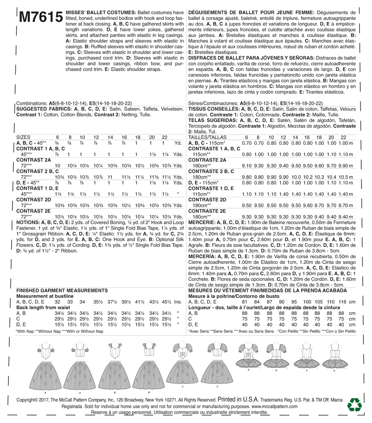 McCall's M7615 sewing pattern envelope showing ballet costume designs